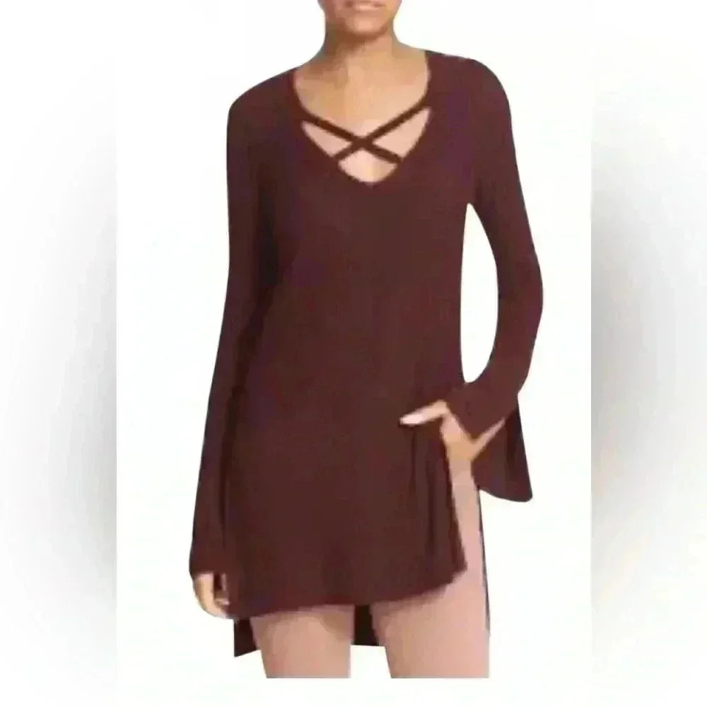 Free People high low sweater with criss cross neck line EUC